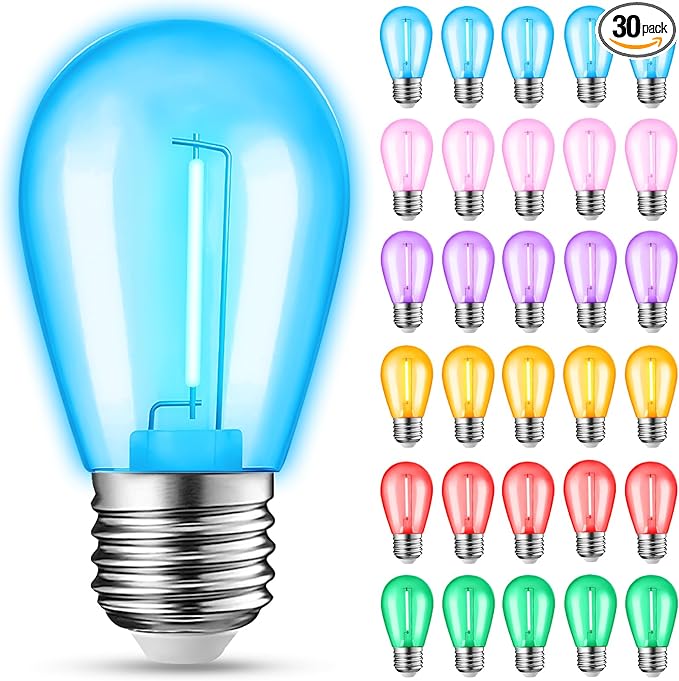 30-Pack Colored String Light Bulbs, S14 LED Replacement Bulbs for Outdoor String Lights, Patio Light Bulbs, 1W E26 Base for Christmas Halloween,Holiday Lighting,Home Decor
