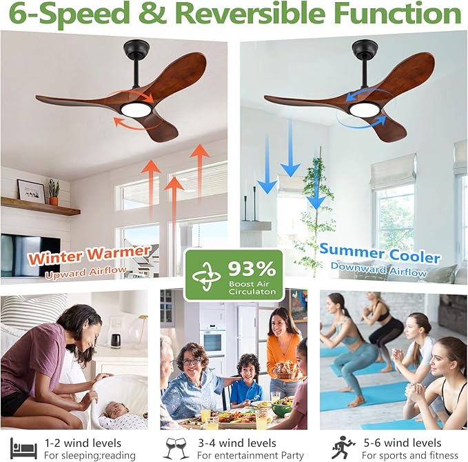 42-Inch Solid Wood Ceiling Fan with Lights, Remote Control, Dimmable, Reversible, Wood Blades, Power-Off Memory, Quiet DC Motor – Modern outdoor Ceiling Fan for Living Room, Bedroom, Patio