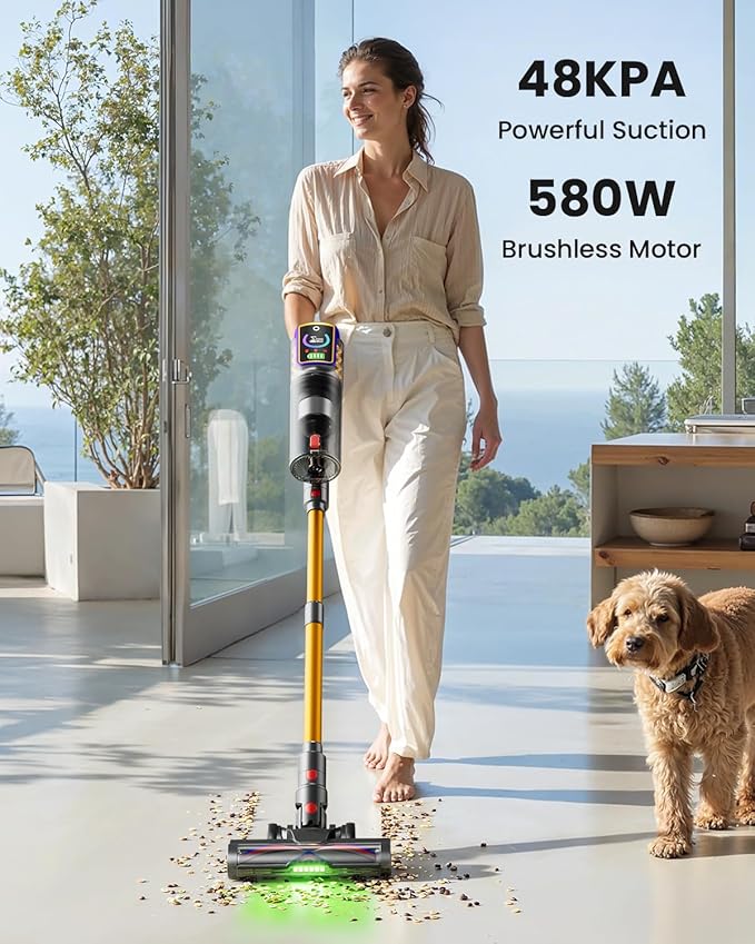 Cordless Vacuum Cleaner,48KPa/580W/65Mins Vacuum,Self-Standing Vacuum Cleaners for Home,Stick Vacuum with LED Display &Anti-tangle Brush,Vacuum Cleaner for Hardwood Floors,Carpet,Pet Hair,Car