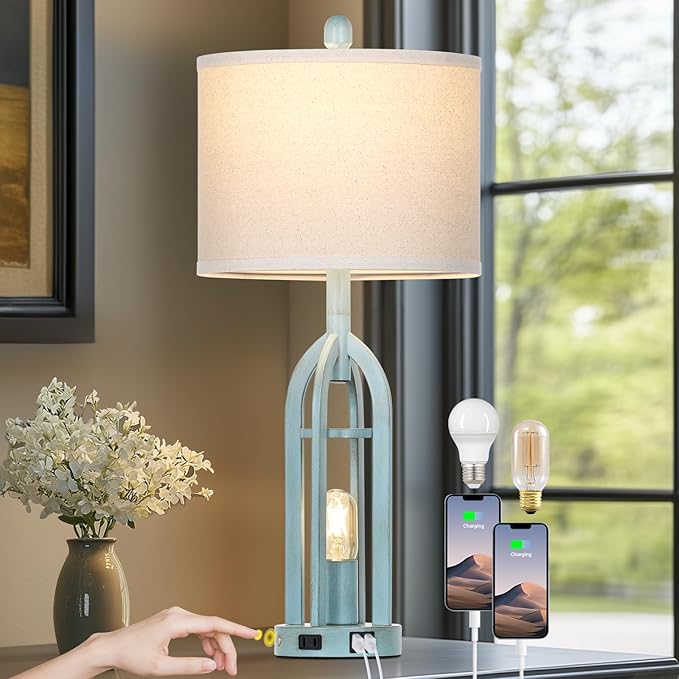 27" Industrial Farmhouse Table Lamp,Vintage Rustic Blue Beside Lamp with USB A+C Charging Ports & AC Outlet, Metal Nightstand Lamp with LED Night Light for Bedrooms (2 LED Bulbs Included)
