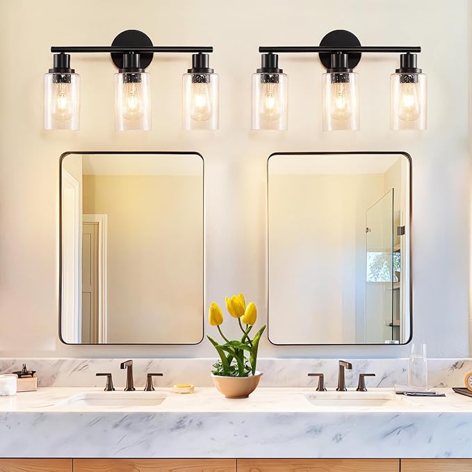 DLLT 3-Light Bathroom Light Fixtures: Black Modern Vanity Lights with 3 E26 Bulbs - Bubbled Glass Shade Bathroom Wall Lamp for Mirror Kitchen Living Room Hallway Cabinet Porch