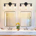 DLLT 3-Light Bathroom Light Fixtures: Black Modern Vanity Lights with 3 E26 Bulbs - Bubbled Glass Shade Bathroom Wall Lamp for Mirror Kitchen Living Room Hallway Cabinet Porch