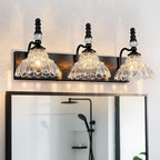 Vintage Bathroom Vanity Light, 3-Light Black Vanity Lighting Fixture with Flower Glass Shade, Bathroom Lighting Fixtures Over Mirror