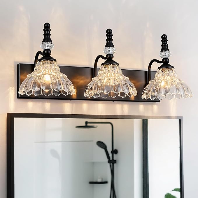 Vintage Bathroom Vanity Light, 3-Light Black Vanity Lighting Fixture with Flower Glass Shade, Bathroom Lighting Fixtures Over Mirror