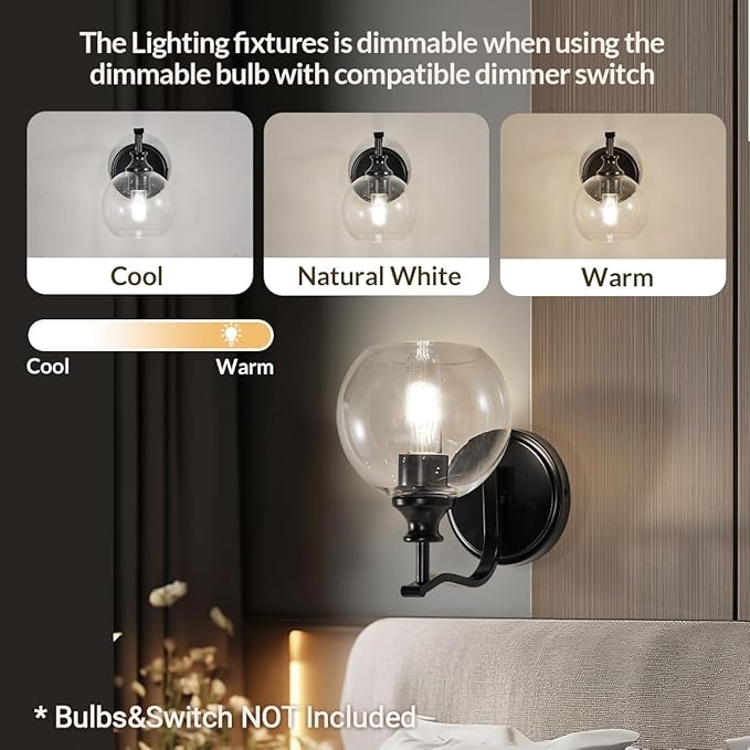 ANDY STAR 1-Light Bathroom Light Fixtures, Black Wall Sconces, Bathroom Vanity Light with Clear Glass Shade, Modern Wall Light Fixtures for Bath Mirror Hallway Bedroom Living Room, Hardwired, E26 Base