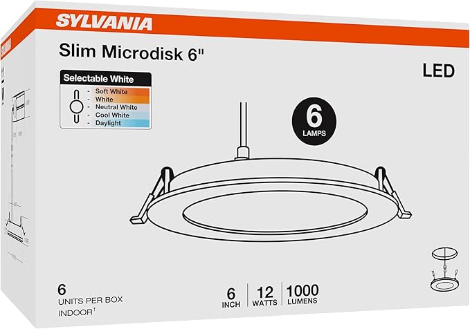 Sylvania 6" Slim Microdisk Downlight, 12W, 5 CCT Select (2700K - 5000K) Recessed Lighting, 1000 LMS, 90 CRI, Dimmable, Wet-Rated, White - 6 Pack (61190)