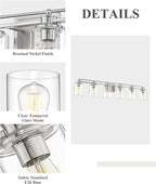 Bathroom Vanity Light Fixtures 6 Light, HWH Brushed Nickel Vanity Light Bathroom Lights Over Mirror, Wall Vanity Lights for Bathroom with Clear Glass Shade, 5HLT63B-6W BN