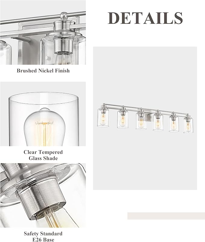 Bathroom Vanity Light Fixtures 6 Light, HWH Brushed Nickel Vanity Light Bathroom Lights Over Mirror, Wall Vanity Lights for Bathroom with Clear Glass Shade, 5HLT63B-6W BN