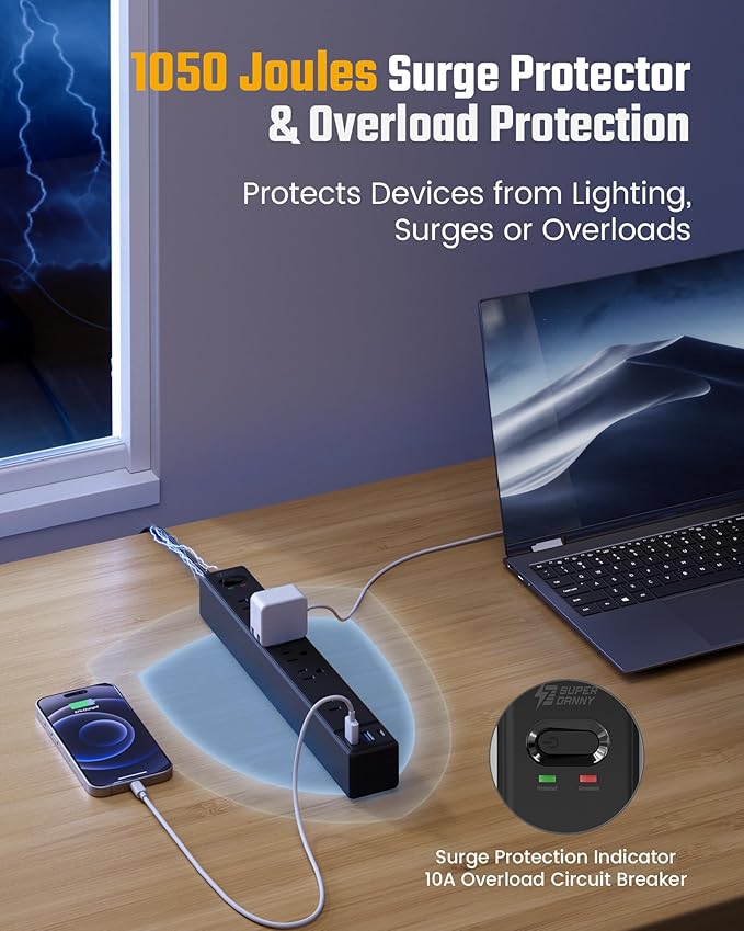 15Ft Long Extension Cord, SUPERDANNY Flat Plug Surge Protector Power Strip, 6 Outlets & 3 USB Ports, Desk Charging Station for Home Office, College Dorm Room Essentials