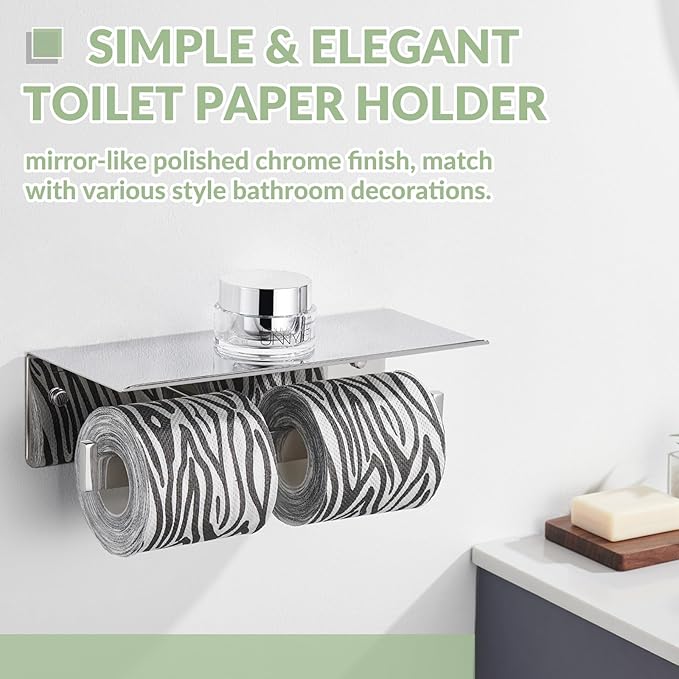 APLusee Double Toilet Paper Holder with Phone Shelf, 304 Stainless Steel Bathroom Tissue Hanger, Wall Mounted Dual Roll Paper Dispenser, Polished Chrome
