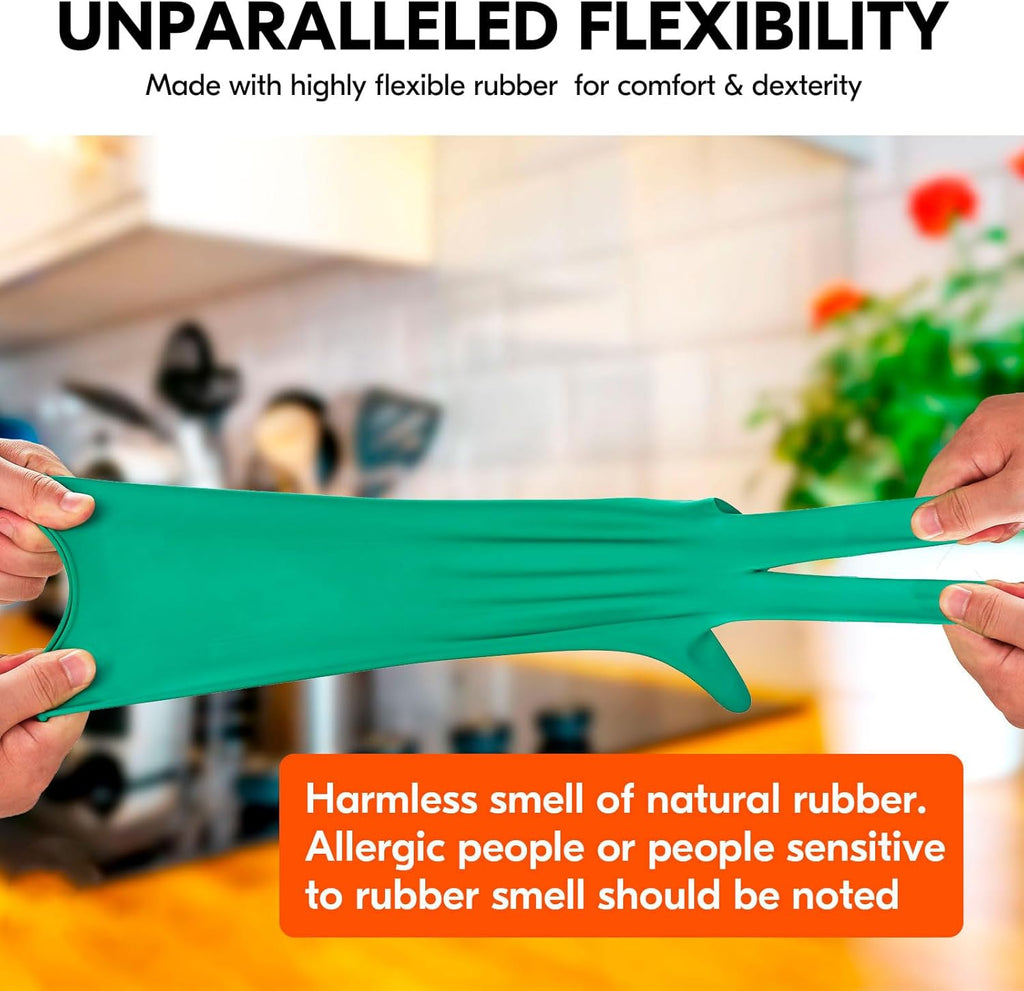 Vgo... 3-Pairs Reusable Household Gloves, Rubber Dishwashing gloves, Extra Thickness, Long Sleeves, Kitchen Cleaning, Working, Painting, Gardening, Pet Care (Size XL, Green, HH4601)