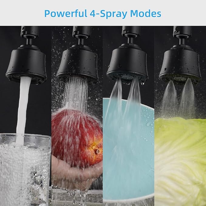 iFealClear Kitchen Sink Faucet Head, 360° Faucet Sprayer Attachment, Large Angle Rotatable Kitchen Faucet Aerator with 2 Ball Joint, 4 Spray Modes, Extra Male Female Thread Adapters, Matte Black