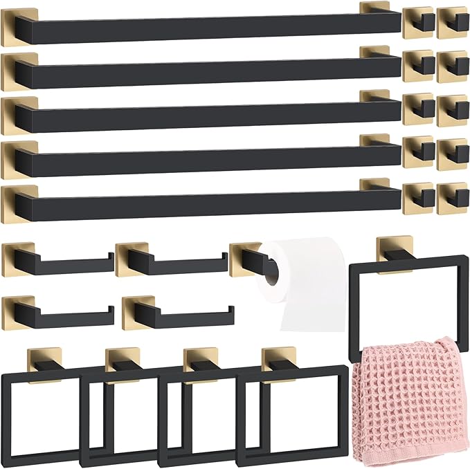 Gisafai 25 Pcs Bathroom Hardware Accessories Set 23.6 Inch Bath Towel Bar Kit Stainless Steel Bathroom Hardware Set Towel Racks Ring Hooks Paper Holder for Wall Mounted (Black Gold)