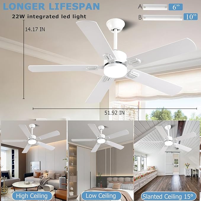 52 inch Modern White Ceiling Fans with Lights APP/Remote Control, Low Profile Reversible 6 Speeds Ceiling Fan Light for Indoor/Outdoor Patio Bedroom Living Room