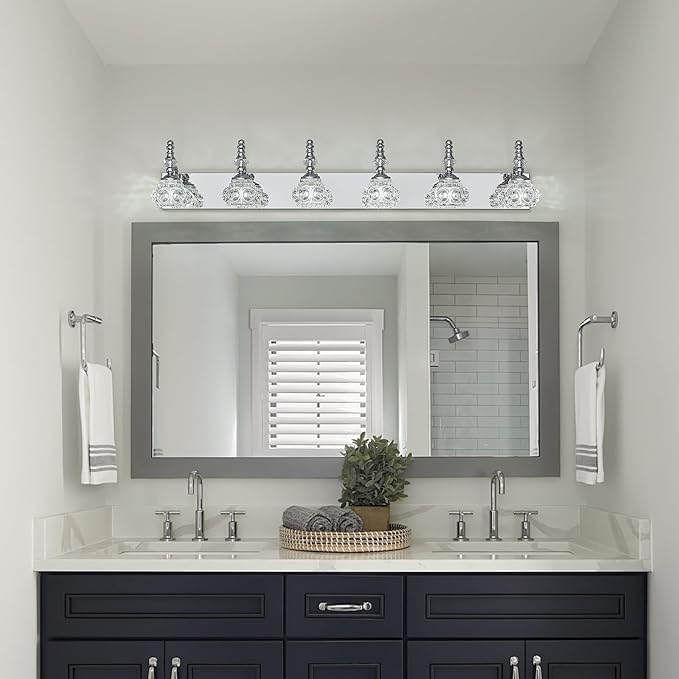 Modern Glass Crystal Vanity Light - Vintage Bathroom Lighting Fixtures Over Mirror, 6 Light Vanity Lights G9 Bulb (43.3 Inch, Chrome)