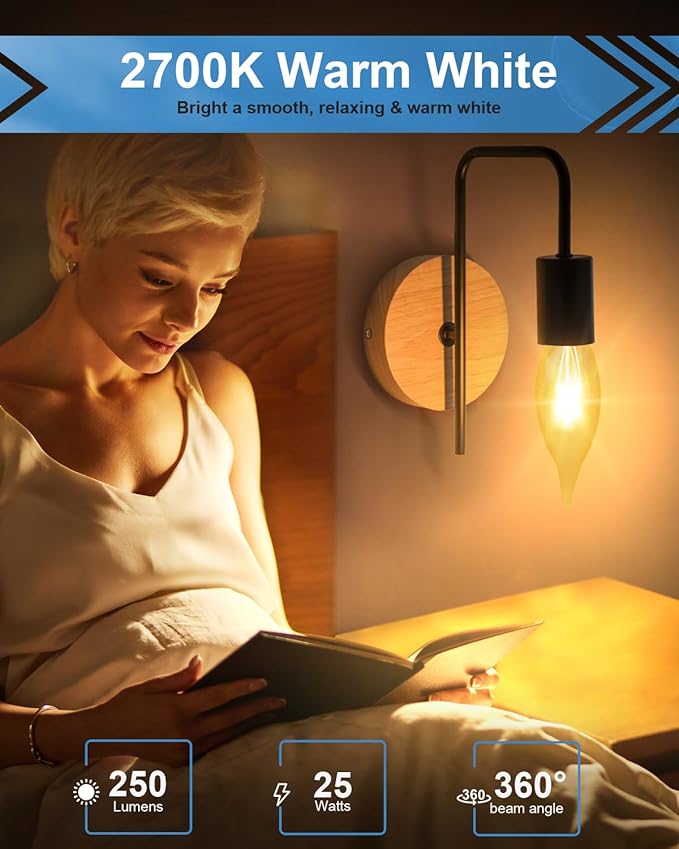 25W Candelabra Light Bulbs, E12 B10 Clear Candle Base Bulb with Warm White 2700K, 250 Lumen Dimmable, 120V Incandescent Chandelier Light Bulbs for Pendants, Ceiling Fan, Wall Sconces (12-Pack)