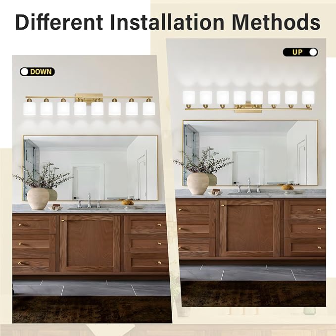 8 Light Bathroom Light Fixtures Gold for Big Mirror, Brushed Gold Vanity Lights for Bathroom with Milky White Frosted Glass Shades, 51 inch Wall Sconce for Mirrors Living Room Bedroom