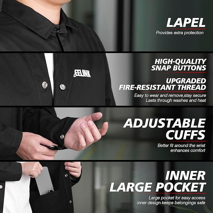 QeeLink Welding Jacket - Premium Flame Resistant (FR) Cotton Welding Clothes - Light Weight Welder Coat for Men & Women