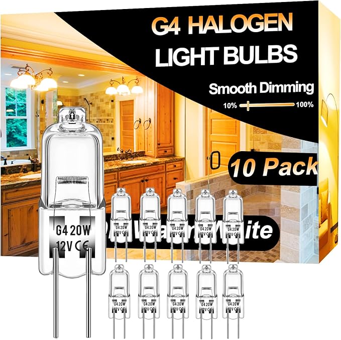 Halogen 20 Watt 12 Volt Light Bulbs 2 Pin G4 Base-10 Pack Long Lasting G4 Halogen Bulb 20w, High Output G4 Bulb Dimmable with G 4 Bi-Pin Base, G 4 Warm White for Under Cabinet Puck Light