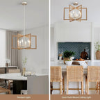 Modern Farmhouse Dining Room Light Fixtures, 20'' Geometric Nickel Chandelier for Living Room Kitchen Island Entryway Bedroom, 6-Light Rustic Wood Grain Pendant Hanging Lighting