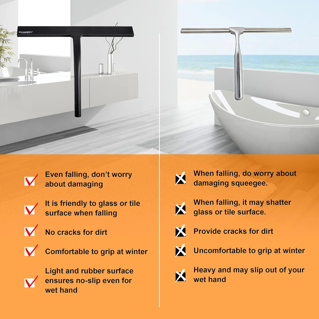 Shower Squeegee for Glass Doors 10" - All Purpose Squeegee for Window Bathroom Glass Mirror Bathroom Tile with Suction Cup Hooks - Black