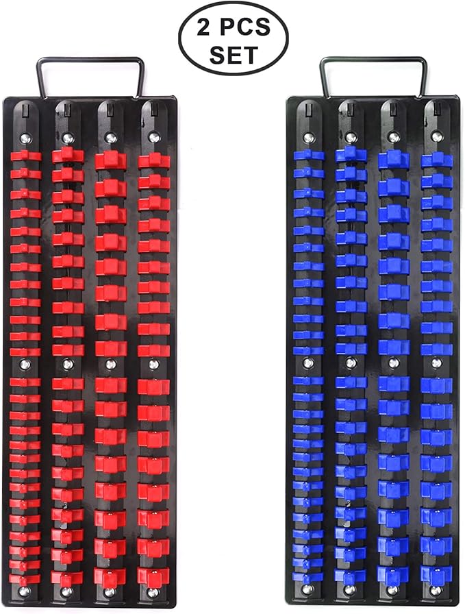 CASOMAN 80-Piece Portable Socket Organizer Tray, 2 Pcs Set, Blue & Red, 1/4-Inch, 3/8-Inch, 1/2-Inch,Heavy Duty Socket Organizer, Black Rails, Blue & Red Clips