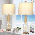 28" Coastal Table Lamps for Bedroom Set of 2, Farmhouse Glass Lamps with 3-Way Dimmable Touch Control Fairy Lights & Type-C Charging for Living Room Nightstand, Beach Nautical Bedside Lamp Rustic Wood