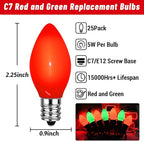 25 Pack C7 Red and Green Christmas Lights Replacement Ceramic Bulbs, Red Green Christmas Lights C7 Bulbs for Christmass Day, Party and Wedding Decorations, E12 Candelabra Base, 5 Watts