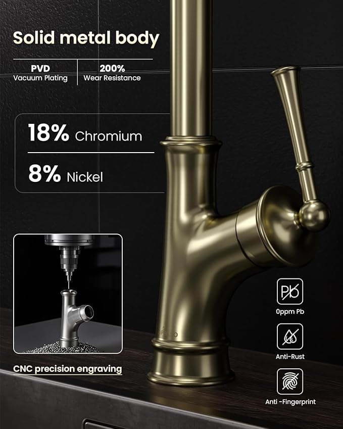 APPASO Gold Kitchen Faucet with Pull Down Sprayer, Antique Single Handle 1 Hole High Arc Pull Out Kitchen Sink Faucets