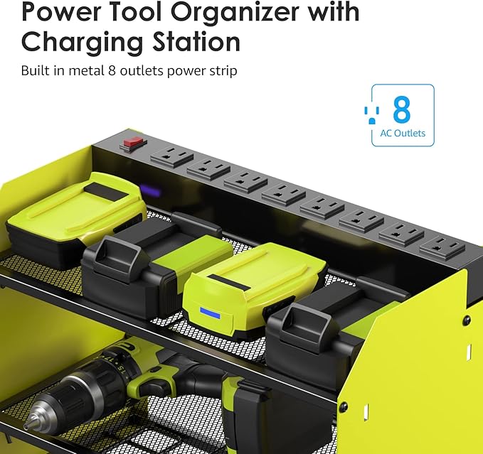 CCCEI Modular Power Tool Organizer Wall Mount with Charging Station. Garage 4 Drill Storage Shelf with Hooks, Screwdriver, Drill Bit Heavy Duty Rack, Tool Battery Holder Built in 8 Outlet Power Strip.