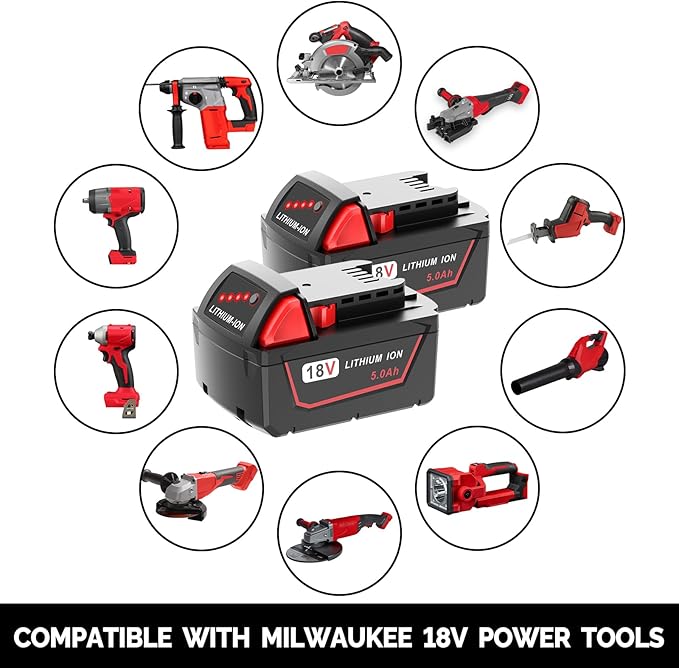 18V 5.0Ah Extended Capacity Battery Replacement for Milwaukee M18 Battery Lithium lon 48-11-1850 Compatible with Milwaukee 18V Cordless Tools 2 Packs