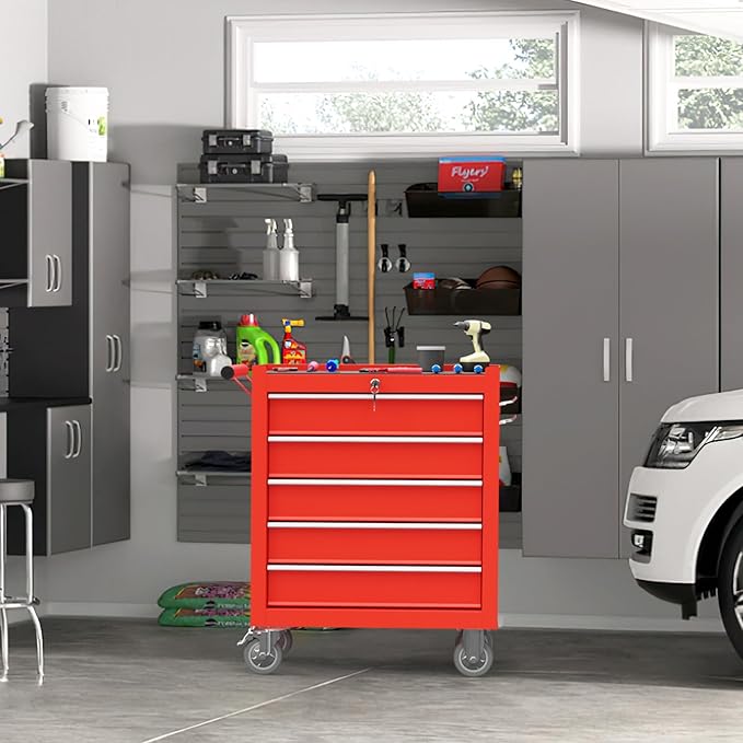 5-Drawer Rolling Tool Chest Toolbox, Rolling Tool Box with Wheels, Tool Chest with Keyed Locking System and Drawer Liners, Tool Box Organizer for Garage, Warehouse, Workshop(Red)
