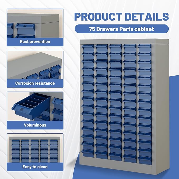 75-Drawer Parts Storage Cabinet, Multi-Purpose Organizer for Screws, Bolts, Nails, Craft Supplies, Legos, Tools, Compact Plastic Drawer Unit,Hardware Organizer for Garage, Workshop, Classroom