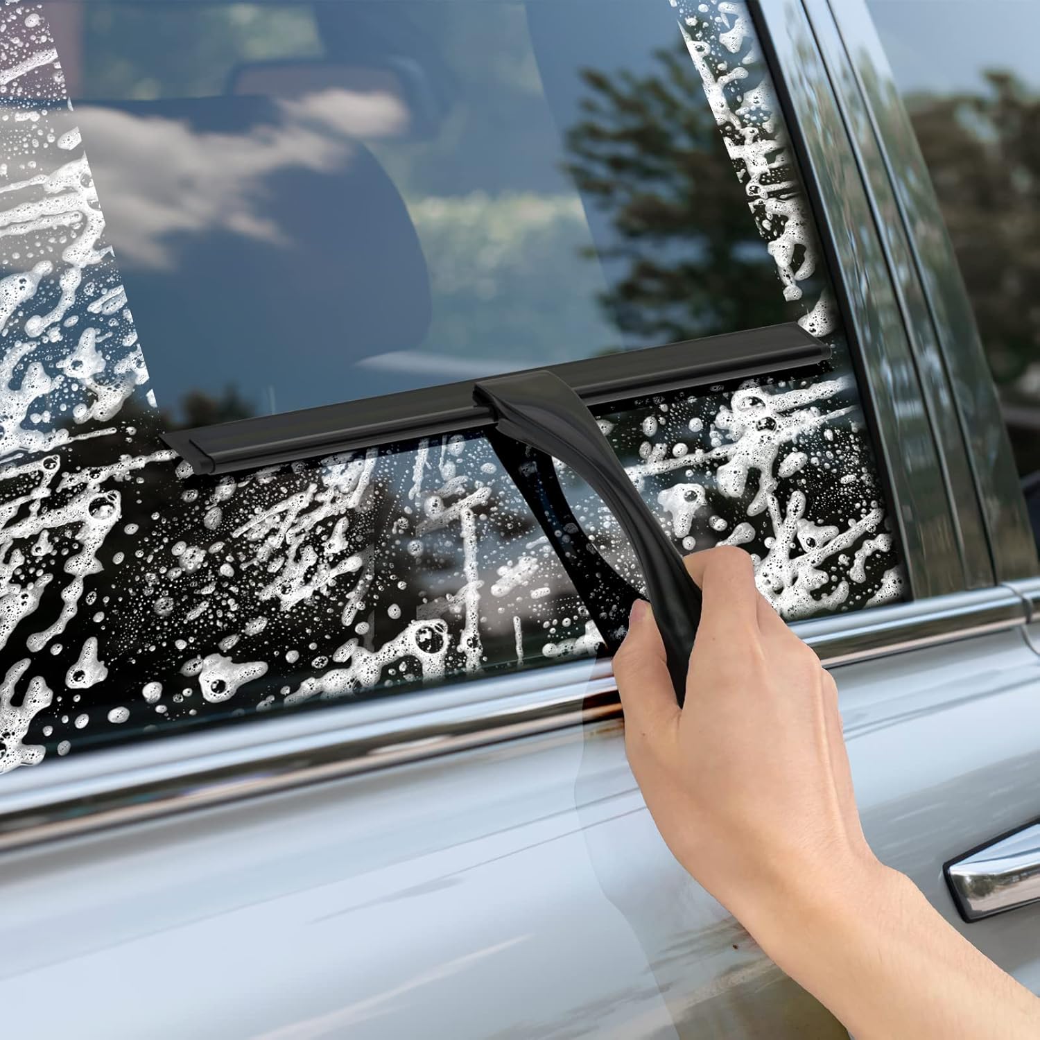 All-Purpose Stainless Steel Shower Squeegee for Shower Glass Door with Adhesive Hook, Bathroom Cleaner Tool Household Window Mirror Squeegee for Glass Doors, Cleaning Tile Wall, Car, 12 inch, Black