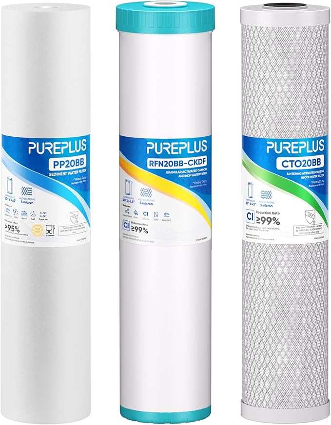 PUREPLUS 4.5"x 20" 3-Stage Whole House Water Filter Cartridge Combo Kit with Sediment, KDF & Granular Activated Carbon, and Activated Carbon Block Filter - 5 Micron Water Filtration Replacement Kit