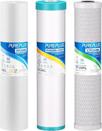 PUREPLUS 4.5"x 20" 3-Stage Whole House Water Filter Cartridge Combo Kit with Sediment, KDF & Granular Activated Carbon, and Activated Carbon Block Filter - 5 Micron Water Filtration Replacement Kit