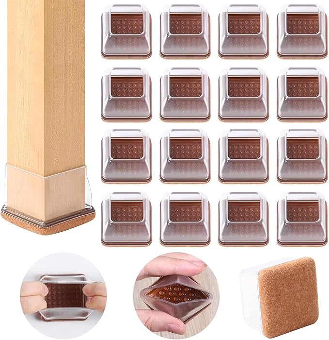 Ezprotekt 24 Pcs Clear Square Chair Leg Floor Protectors with Felt, Silicone Felt Furniture Pads for Hardwood Floor, Dining Table Leg Caps Covers No Scratches and Noise (L Fit: 1" - 1.4")