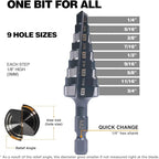 M2 HSS Quick Change 1/4" - 3/4" Step Drill Bit Double Fluted Drill Bits for Hole Drilling in Stainless Steel, Copper, Aluminum, Wood, Plastic