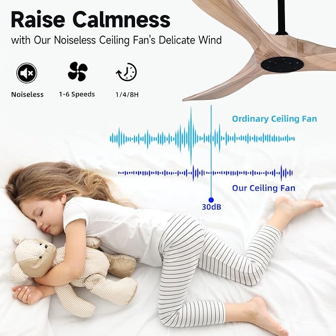 52" Wood Ceiling Fan with Remote Control, 3 blade Ceiling Fan without Lights for Indoor/Outdoor - Modern Design, Powerful Airflow, Silent Operation