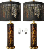 Oneach 27.75" Modern Table Lamps Set of 2, Gold Bedside Lamp with Leopard Glass Nightlight, USB A+C, Black Crystal Shade, Unique Desk Lamps for Living Room, Bedroom, Nightstand (2 Bulbs Included)