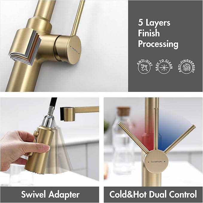 22‘’ Extra-Tall Brushed Gold Kitchen Sink Faucets, Commercial High Arc Single Handle Kitchen Faucets for Pull Down Sprayer Modern Spring with Deck Plate 22 inch