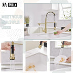 Brushed Gold Kitchen Faucet with Pull Down Sprayer, Single Handle Commercial Brass Kitchen Sink Faucets with 3 Way Drinking Kitchen Faucet, for Water Filtration System or Pot Filler Faucet in Gold