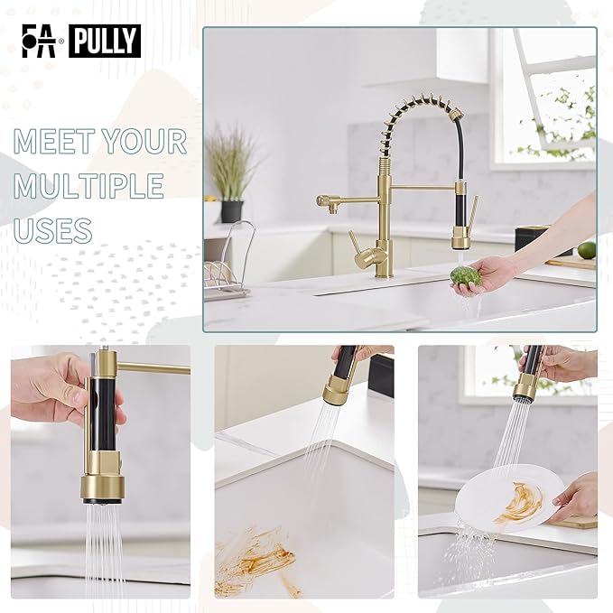 Brushed Gold Kitchen Faucet with Pull Down Sprayer, Single Handle Commercial Brass Kitchen Sink Faucets with 3 Way Drinking Kitchen Faucet, for Water Filtration System or Pot Filler Faucet in Gold