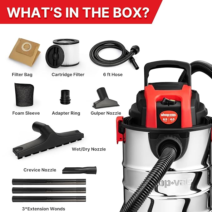 Shop-Vac 6.5 Gallon 4.0 HP Wet/Dry Vacuum with Blower Function, Stainless Steel Tank, Portable Shop Vacuum with Wheels, Includes Filters, Hose & Accessories, Ideal for Garage and Workshop