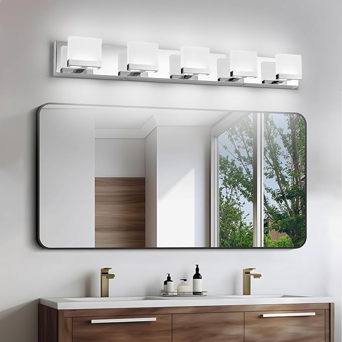 SineRise LED Modern Bathroom Vanity Light Fixtures (5-Light, 40-Inch, 6000K), Chrome Modern Acrylic Bathroom Wall Lighting Fixtures Over Mirror