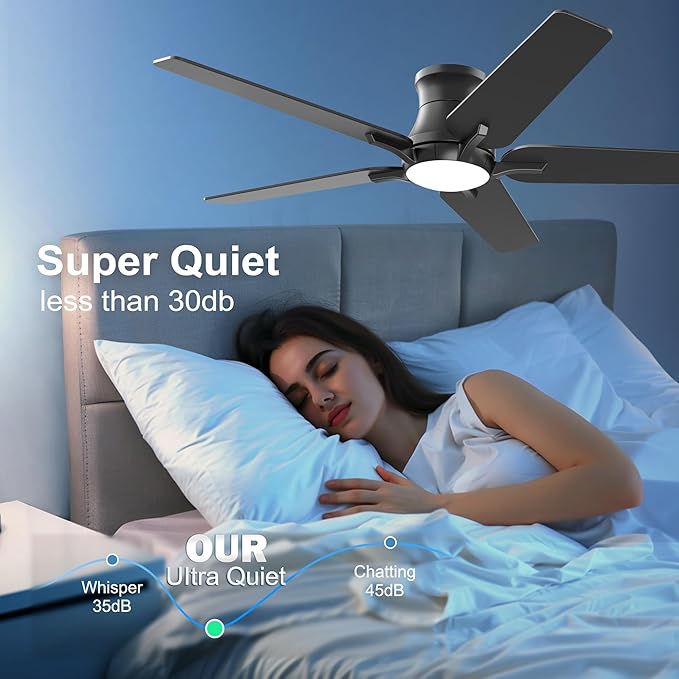 52 Inch Black Ceiling Fans with Lights and Remote, Flush Mount Low Profile Ceiling Fan for Bedroom, Living Room, Patio, Dimmable 6 Speeds Noiseless Reversible, ETL Listed