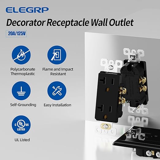 ELEGRP Glossy Black Decorator Electrical Wall Outlet Receptacle, 20A 125V Standard Outlets, 2 Pole 3 Wire, Non-Tamper Resistant, NEMA 5-20R, Self-Grounding Wall Outlet, UL Listed, 20 Pack
