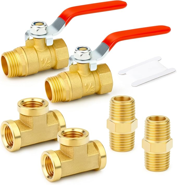 GASHER 6PCS 1/2 Inch NPT Brass Pipe Fitting, Ball Valve, Barstock Tee Brass Pipe Fitting and Air Hose Fitings