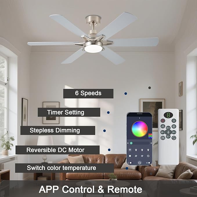 52in Ceiling Fans with Lights RGB Ceiling Fan with Light and Remote/APP Control,Low Profile Ceiling Fans with Lights for Bedroom,Living Room,Kids Room,3CCT Dimmable Modern Ceiling Fan, 8 Speeds,Nickel