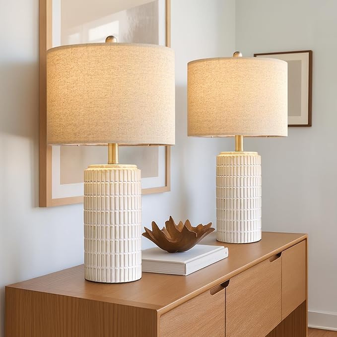 PoKat 24" Modern Ceramic Table Lamps Set of 2 for Bedroom, White Bedside Lamps for Night Stands, Farmhouse Desk Decor Nightstand Table Lamps for Living Room End Table Beige